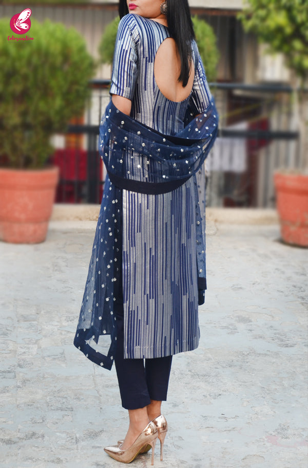 Navy Blue and Silver Padded Pure Crepe Kurti with Blue Cotton Silk Pants and Blue Net Mirror Work Net Stole