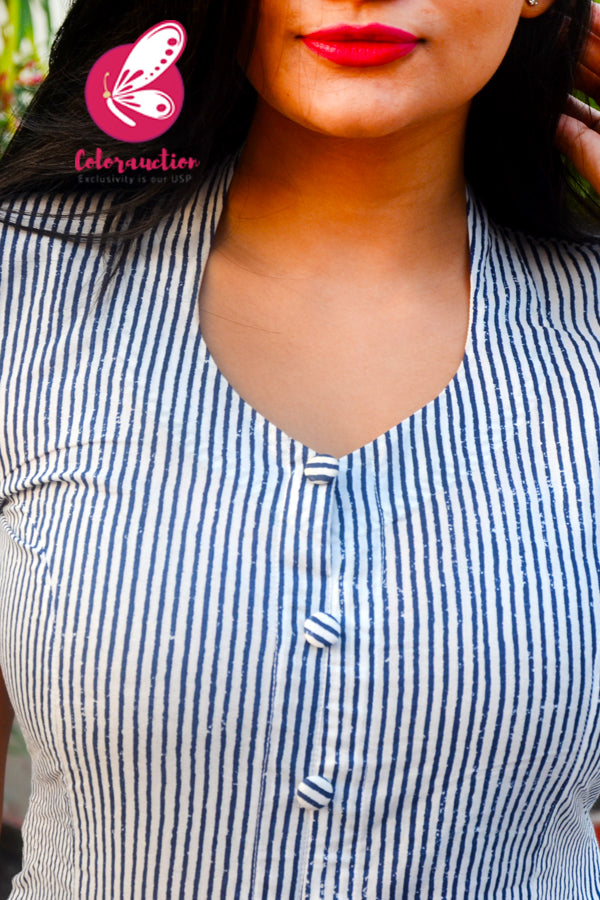 Blue & White Printed Stripes Cotton Kurti Set