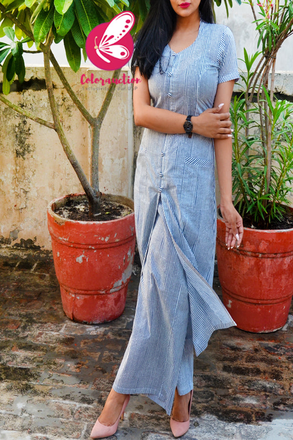 Blue & White Printed Stripes Cotton Kurti Set