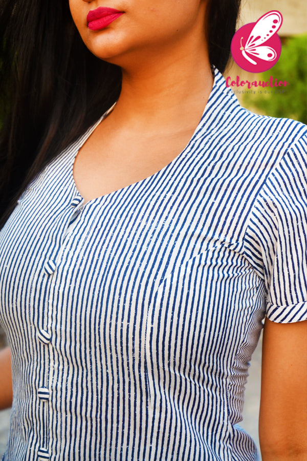 Blue &amp; White Printed Stripes Cotton Kurti Set