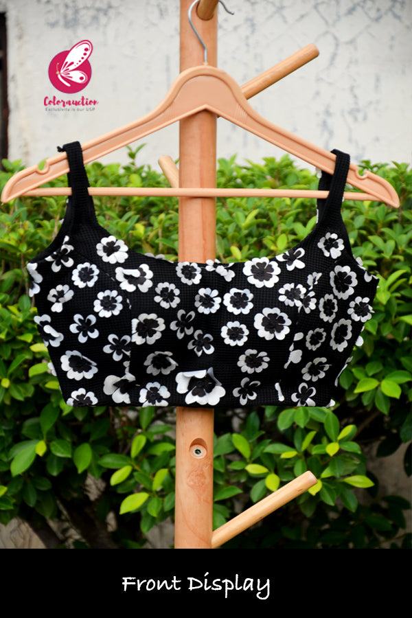Black & White Mesh Padded Flower Design Backless Design