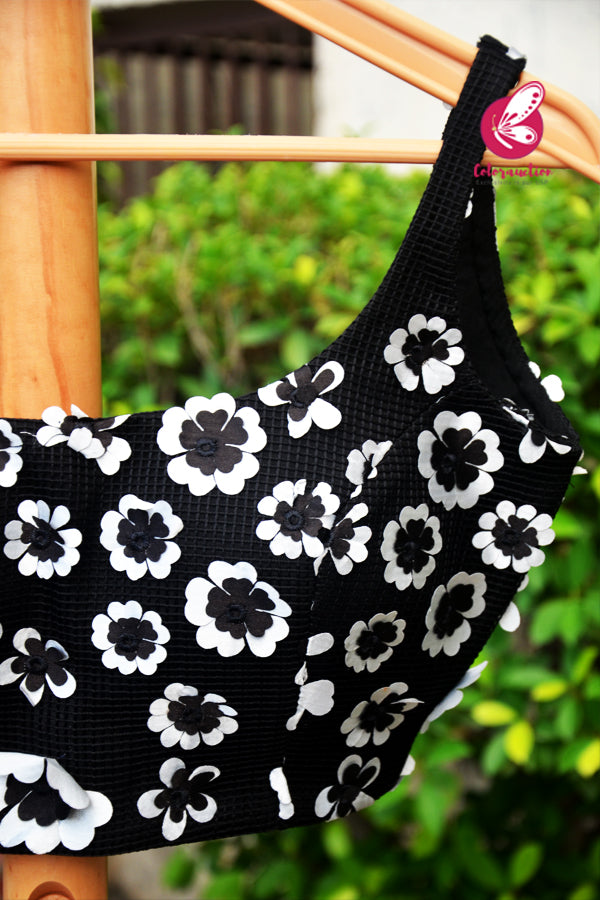 Black & White Mesh Padded Flower Design Backless Design