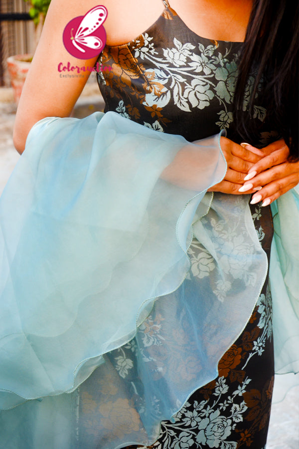 Ice Blue &amp; Golden Brocade Silk Padded Kurti with Ice Blue Cotton Silk Pants and Ice Blue Pure Organza Three-Tier Ruffle Stole