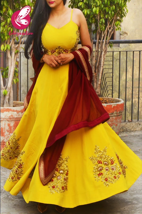 Mustard Yellow Padded Spaghetti Strap Dabka Zardozi Hand Embroidered Anarkali Dress with Maroon Georgette Border Dupatta