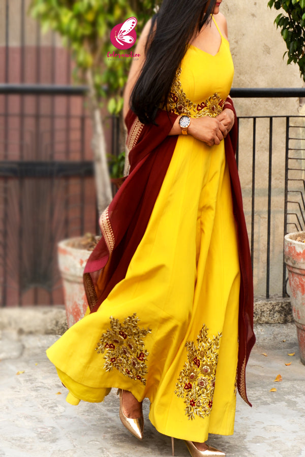 Mustard Yellow Padded Spaghetti Strap Dabka Zardozi Hand Embroidered Anarkali Dress with Maroon Georgette Border Dupatta