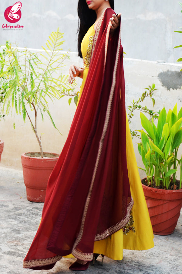 Mustard Yellow Padded Spaghetti Strap Dabka Zardozi Hand Embroidered Anarkali Dress with Maroon Georgette Border Dupatta