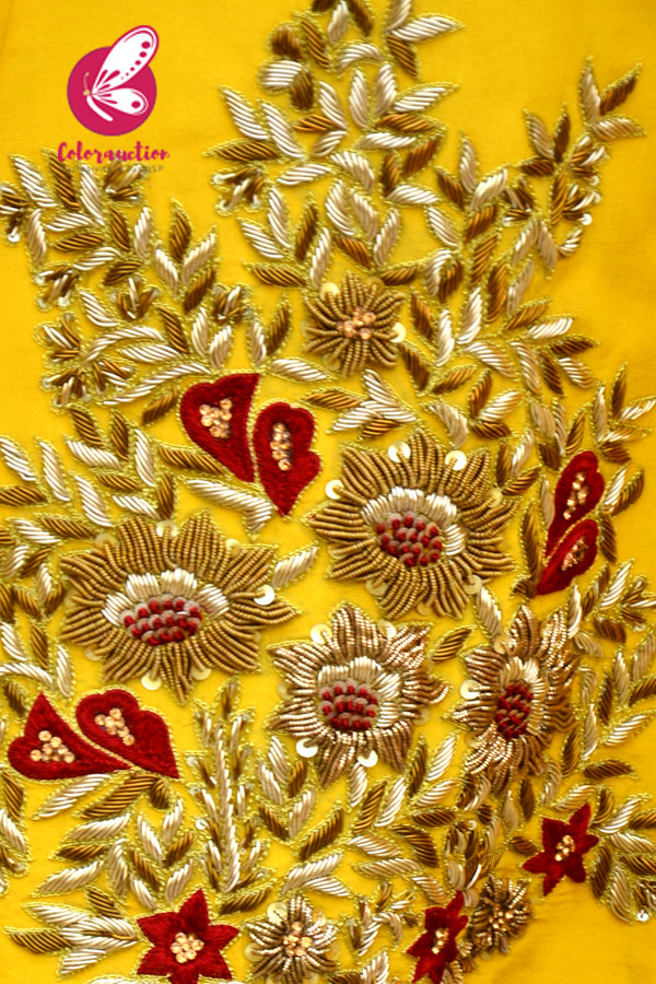 Mustard Yellow Padded Spaghetti Strap Dabka Zardozi Hand Embroidered Anarkali Dress with Maroon Georgette Border Dupatta