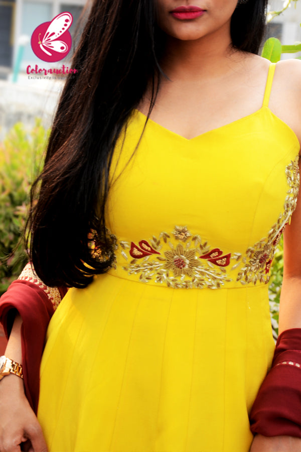 Mustard Yellow Padded Spaghetti Strap Dabka Zardozi Hand Embroidered Anarkali Dress with Maroon Georgette Border Dupatta
