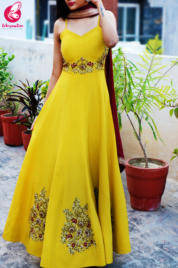 Mustard Yellow Padded Spaghetti Strap Dabka Zardozi Hand Embroidered Anarkali Dress with Maroon Georgette Border Dupatta
