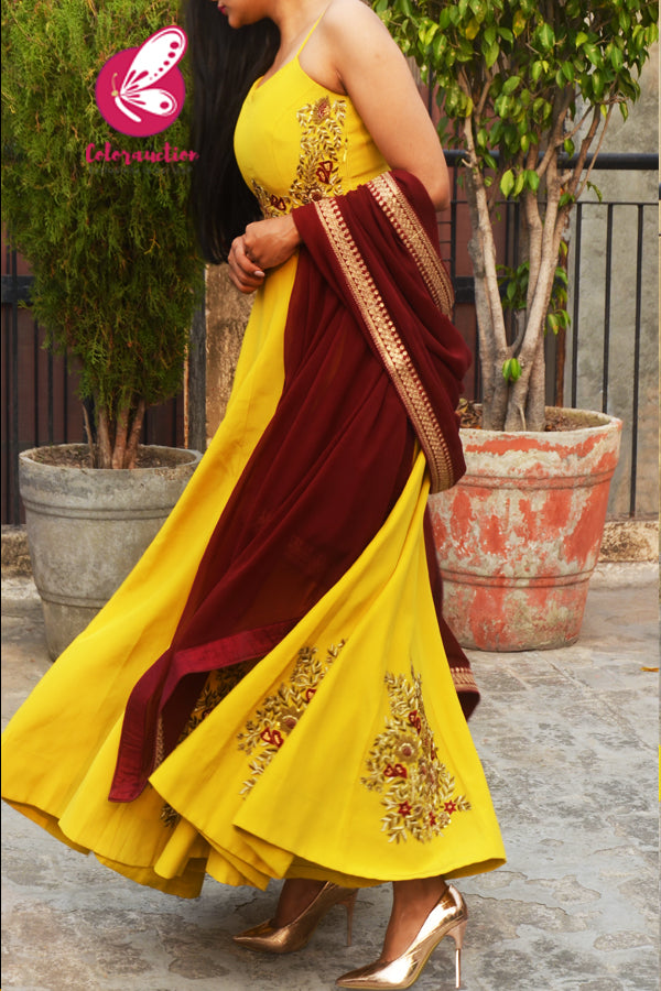 Mustard Yellow Padded Spaghetti Strap Dabka Zardozi Hand Embroidered Anarkali Dress with Maroon Georgette Border Dupatta