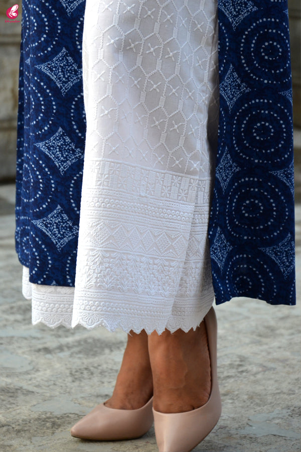 Dark Blue Printed Modal Kurti with White Lakhnawi Full Lining Cotton Palazzo