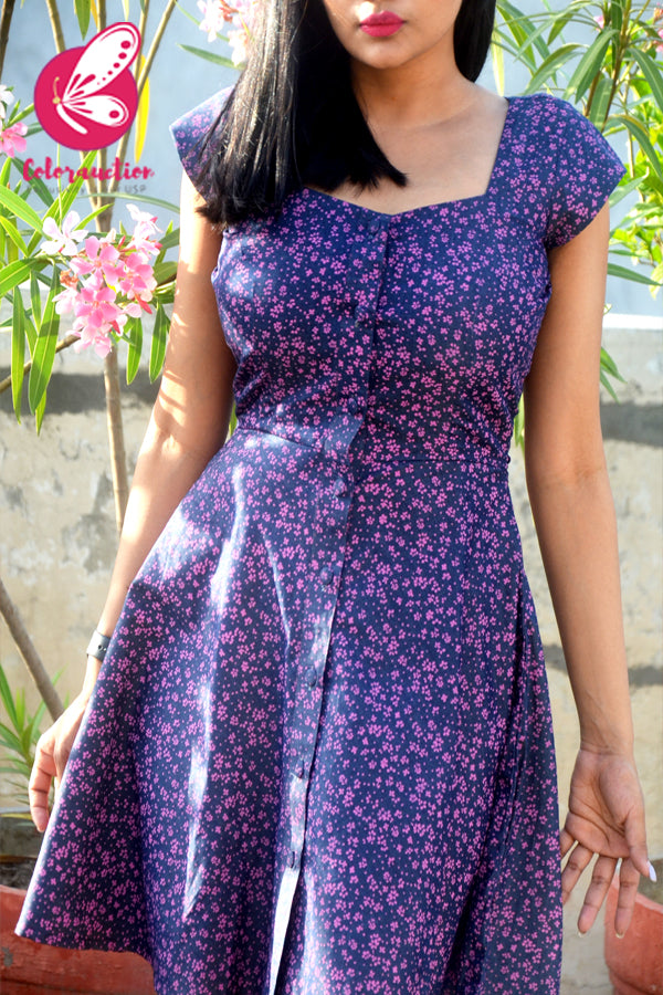 Blue Printed Denim Cap Sleeves Short Dress