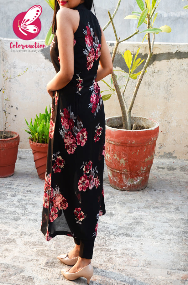 Black Printed Georgette Floral Sleeveless Long Kurti