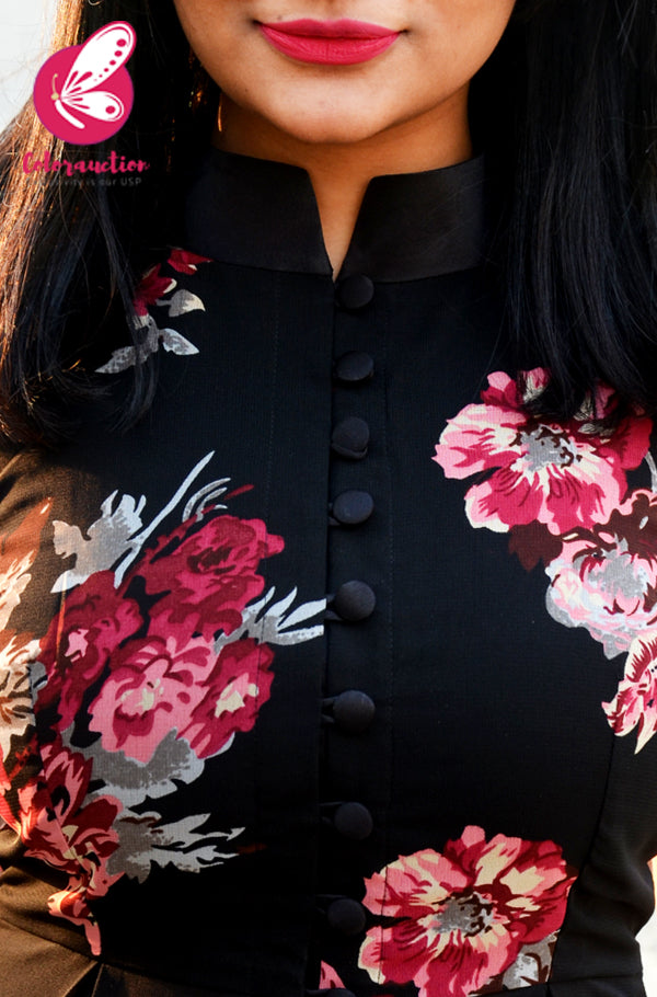 Black Printed Georgette Floral Sleeveless Long Kurti