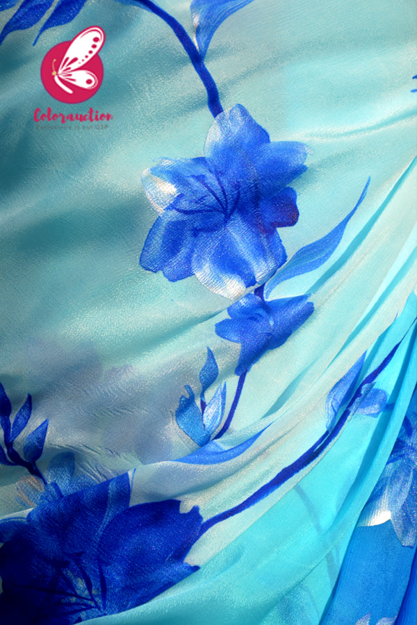 Sky Blue &amp; Blue Double Shaded Chinon Handpainted Saree