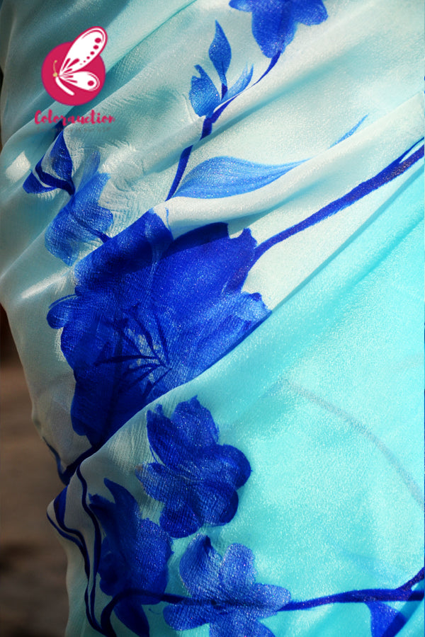 Sky Blue &amp; Blue Double Shaded Chinon Handpainted Saree