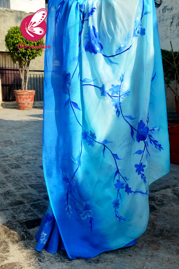Sky Blue &amp; Blue Double Shaded Chinon Handpainted Saree