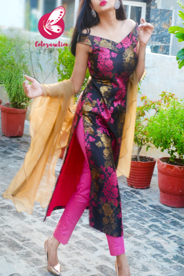 Pink &amp; Golden Brocade Silk Padded Off Shoulder Kurti with Pink Cotton Silk Pants and Golden Triple Layer Ruffle Stole