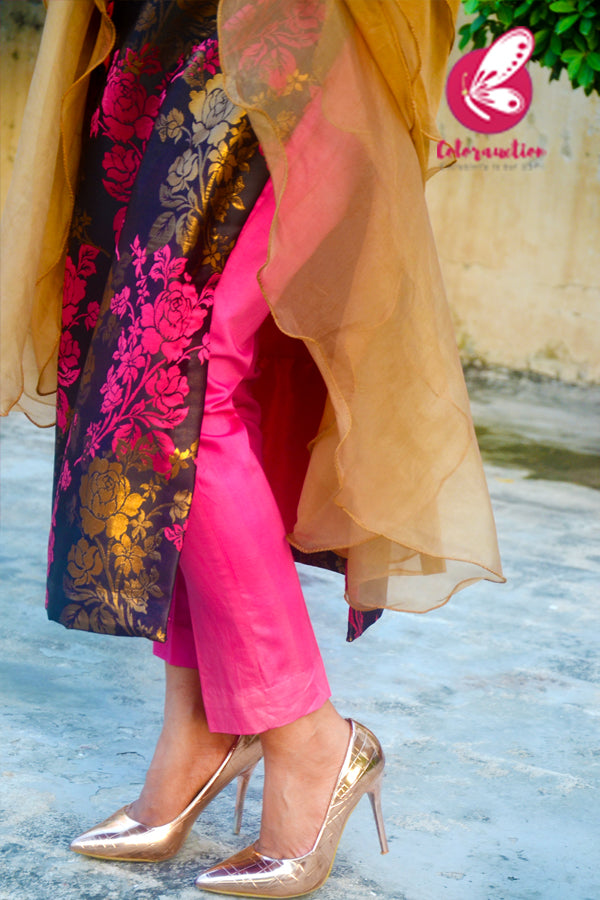 Pink &amp; Golden Brocade Silk Padded Off Shoulder Kurti with Pink Cotton Silk Pants and Golden Triple Layer Ruffle Stole