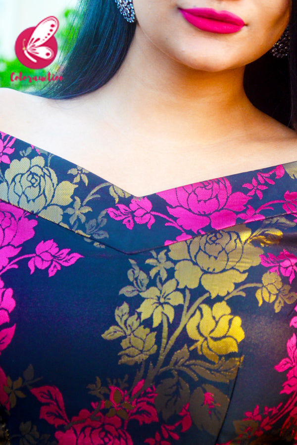 Pink &amp; Golden Brocade Silk Padded Off Shoulder Kurti with Pink Cotton Silk Pants and Golden Triple Layer Ruffle Stole