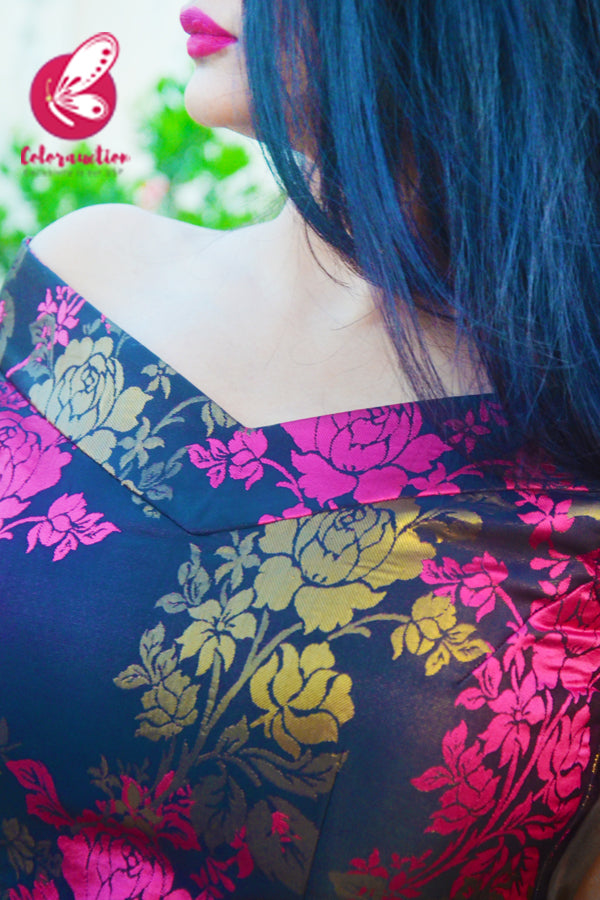 Pink &amp; Golden Brocade Silk Padded Off Shoulder Kurti with Pink Cotton Silk Pants and Golden Triple Layer Ruffle Stole