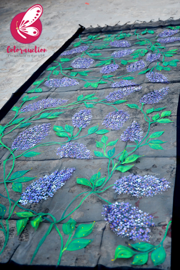 Black Organza Hand-painted Floral Stole