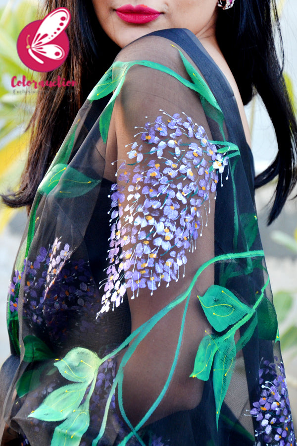 Black Organza Hand-painted Floral Stole
