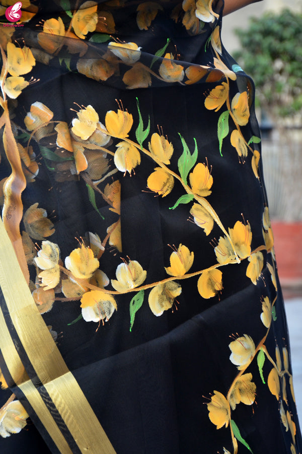Black Organza Hand painted Multi color Floral Stole
