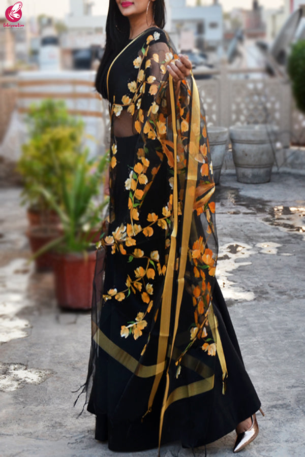 Black Organza Hand painted Multi color Floral Stole