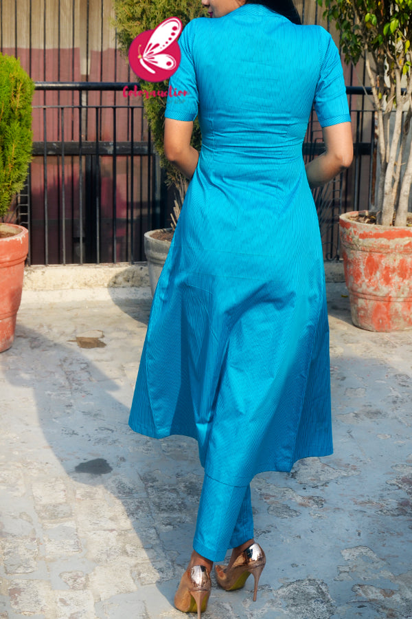 Blue Stripes Cotton Silk Kurti Set