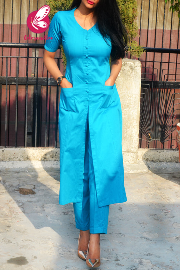 Blue Stripes Cotton Silk Kurti Set