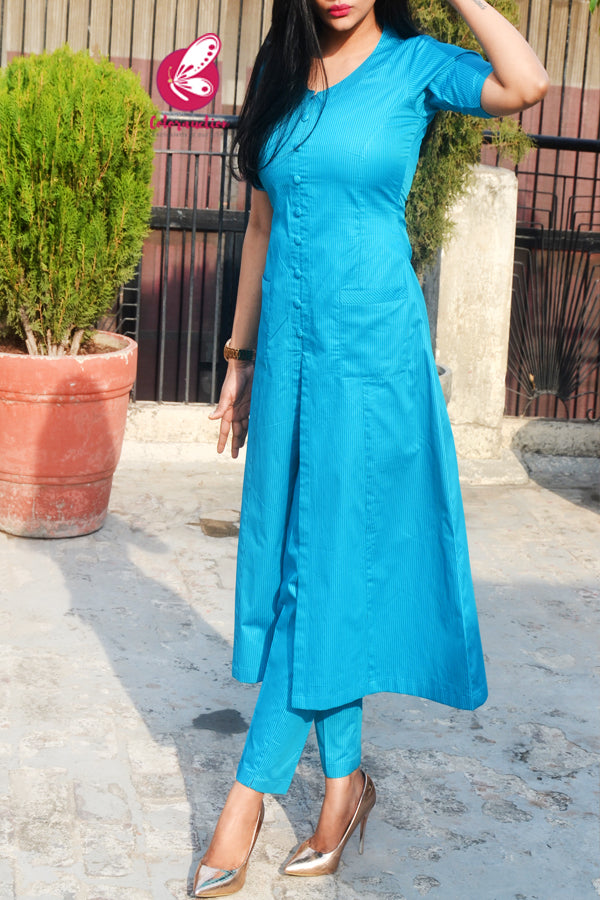 Blue Stripes Cotton Silk Kurti Set