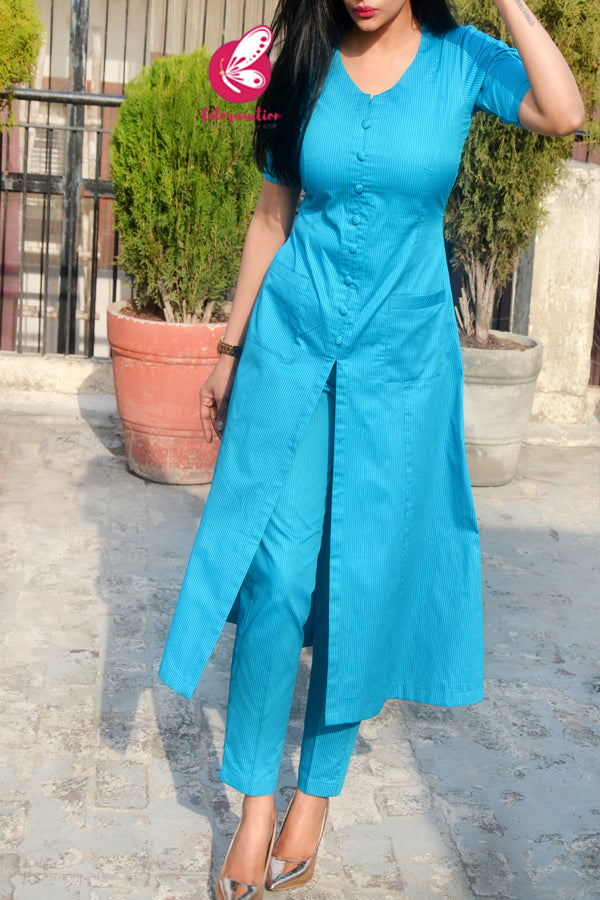 Blue Stripes Cotton Silk Kurti Set