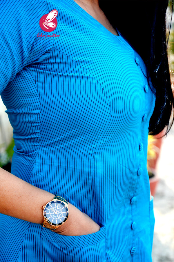 Blue Stripes Cotton Silk Kurti Set
