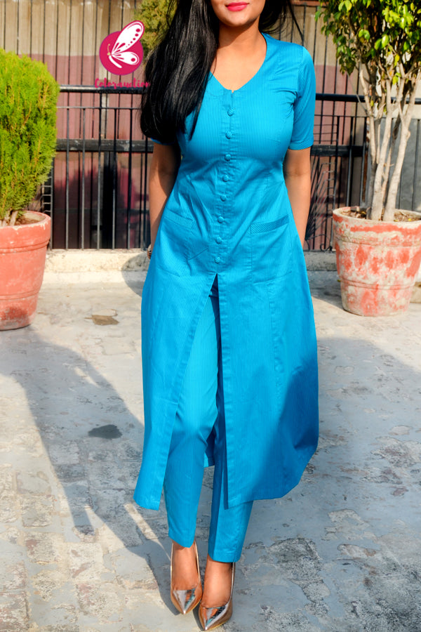 Blue Stripes Cotton Silk Kurti Set