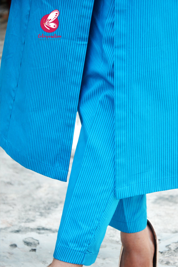 Blue Stripes Cotton Silk Kurti Set