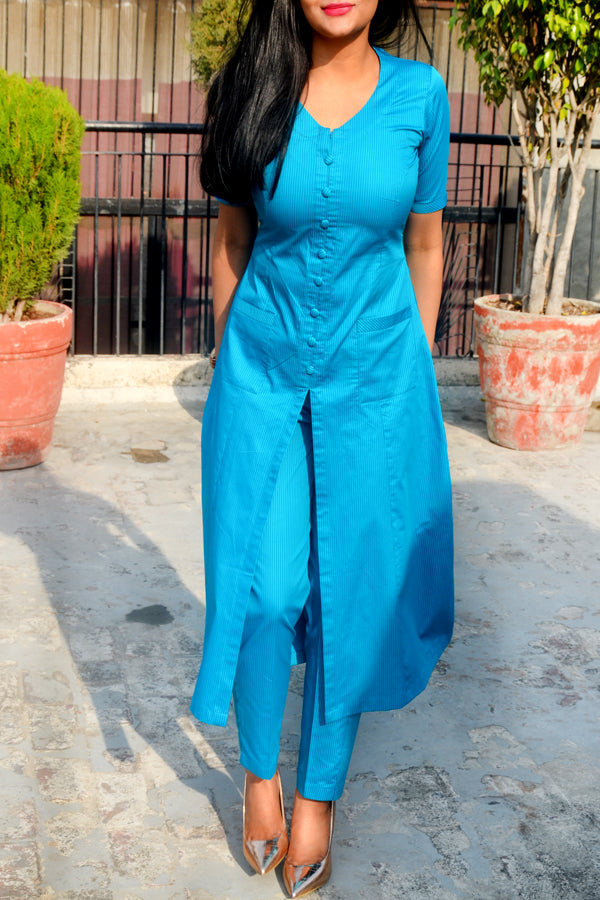 Blue Stripes Cotton Silk Kurti Set