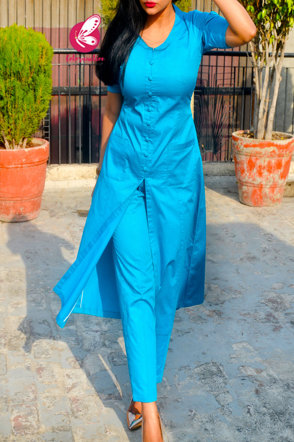 Blue Stripes Cotton Silk Kurti Set