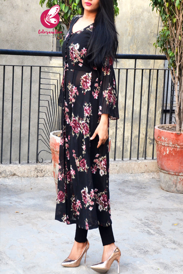 Black Printed Georgette Floral Long Kurti