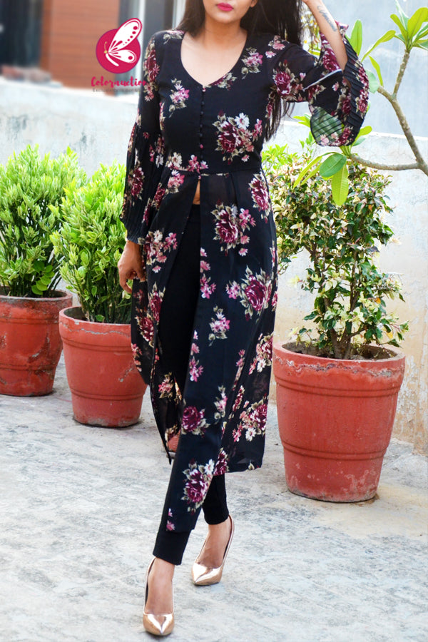 Black Printed Georgette Floral Long Kurti
