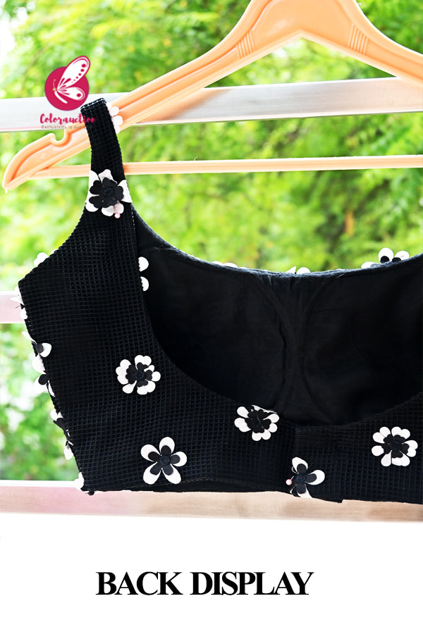 Black Mesh Floral Padded Strappy Blouse