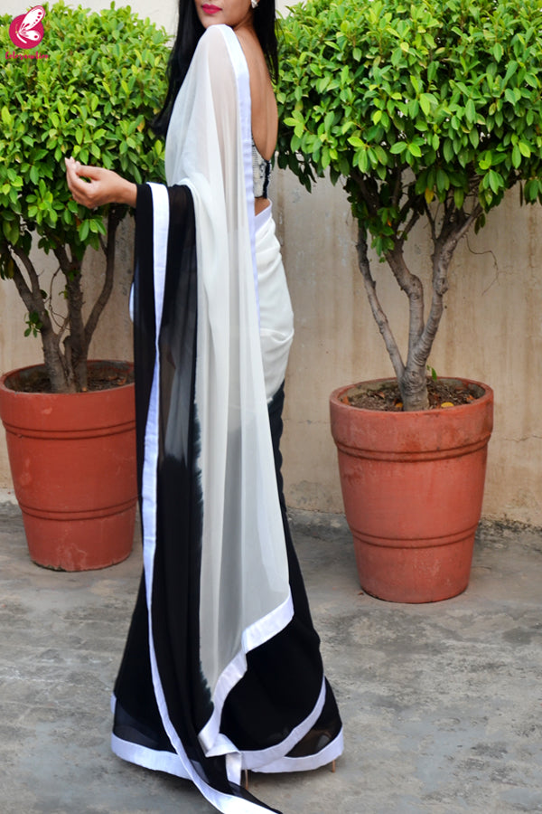 Black &amp; White Double Shaded Georgette Saree