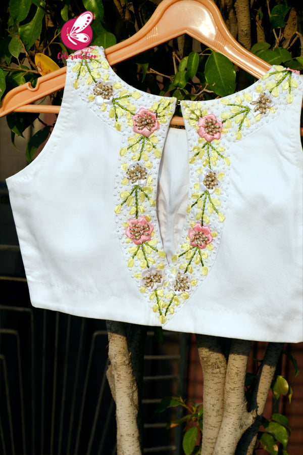 White Crepe Keyhole Back Ribbon Handwork Padded Blouse