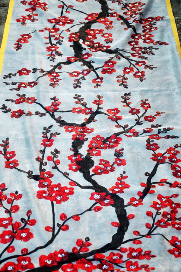 Off White Handpainted Colourful Red Maroon Floral Golden Zari Pure Organza Stole