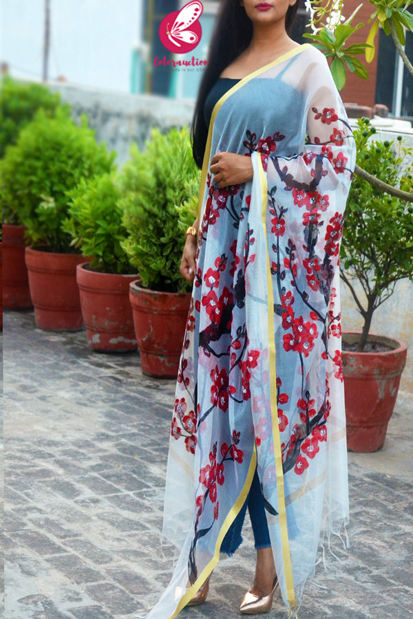 Off White Handpainted Colourful Red Maroon Floral Golden Zari Pure Organza Stole