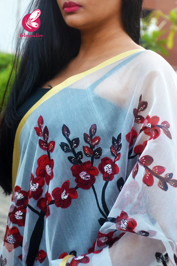 Off White Handpainted Colourful Red Maroon Floral Golden Zari Pure Organza Stole