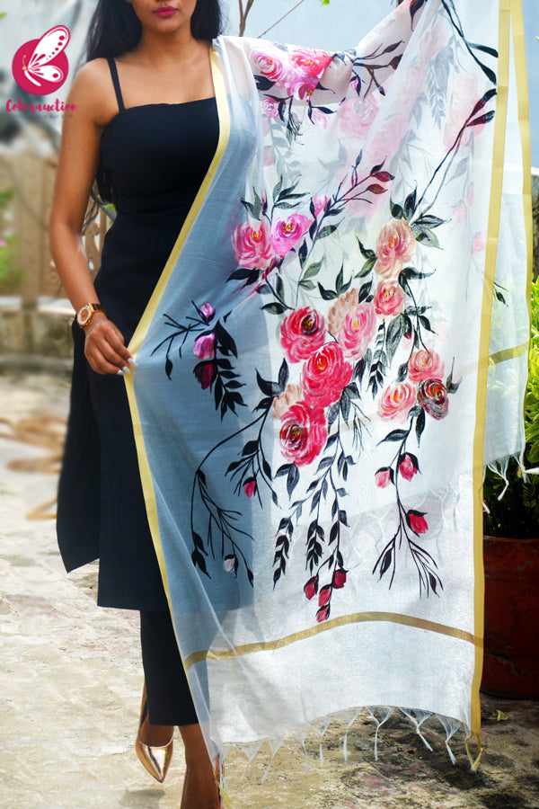 Off White Pure Organza Pink Roses Handpainted Floral Stole