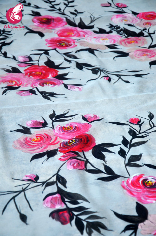Off White Pure Organza Pink Roses Handpainted Floral Stole