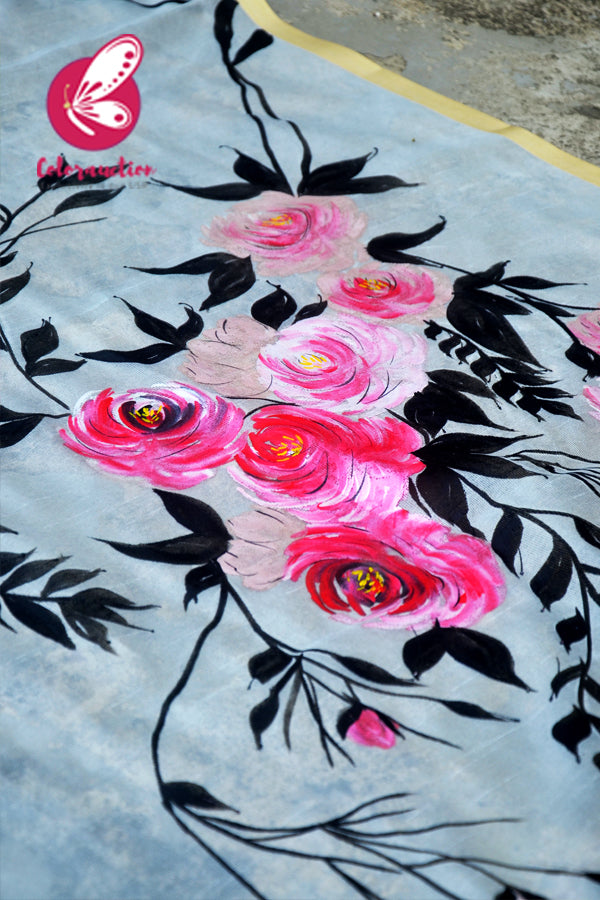 Off White Pure Organza Pink Roses Handpainted Floral Stole