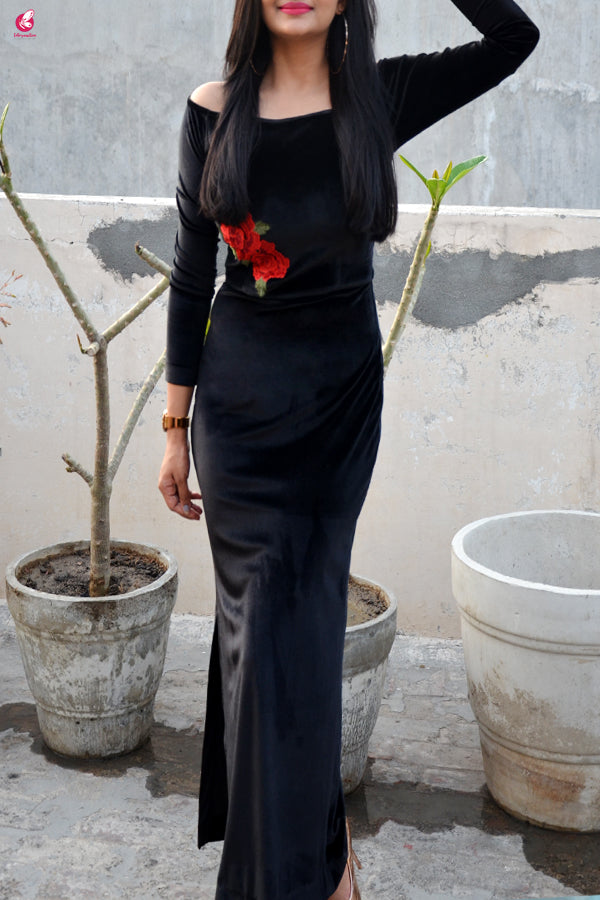 Black Padded Velvet Maxi Cocktail Dress